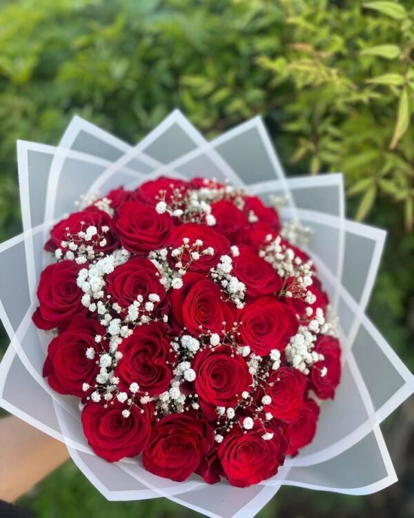 A stunning bouquet of deep red roses adorned with delicate baby's breath, wrapped in elegant white paper, perfect for expressing love and admiration.