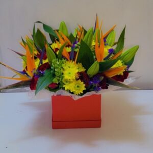 A vibrant floral arrangement featuring striking Bird of Paradise flowers, complemented by yellow chrysanthemums, purple blooms, and fresh green lilies in bud form. Presented in a bold red box, this arrangement exudes tropical elegance, making it a stunning choice for gifting or decoration.