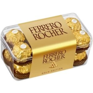 A box of **Ferrero Rocher**, a popular chocolate treat known for its rich hazelnut filling, crispy wafer shell, and smooth milk chocolate coating. It's a great choice for gifting or indulging in a luxurious sweet treat!