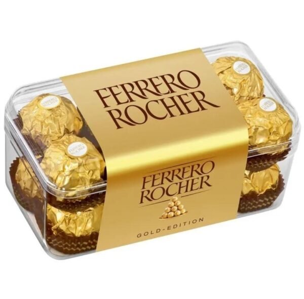 A box of **Ferrero Rocher**, a popular chocolate treat known for its rich hazelnut filling, crispy wafer shell, and smooth milk chocolate coating. It's a great choice for gifting or indulging in a luxurious sweet treat!