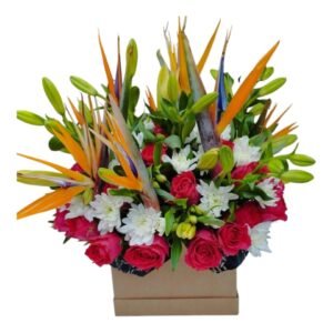 A vibrant and exotic floral arrangement featuring **Birds of Paradise** with striking orange and blue petals, complemented by **pink roses, white chrysanthemums, and fresh lilies**. The mix of colors and textures creates a bold and elegant display, making it a stunning gift or centerpiece.