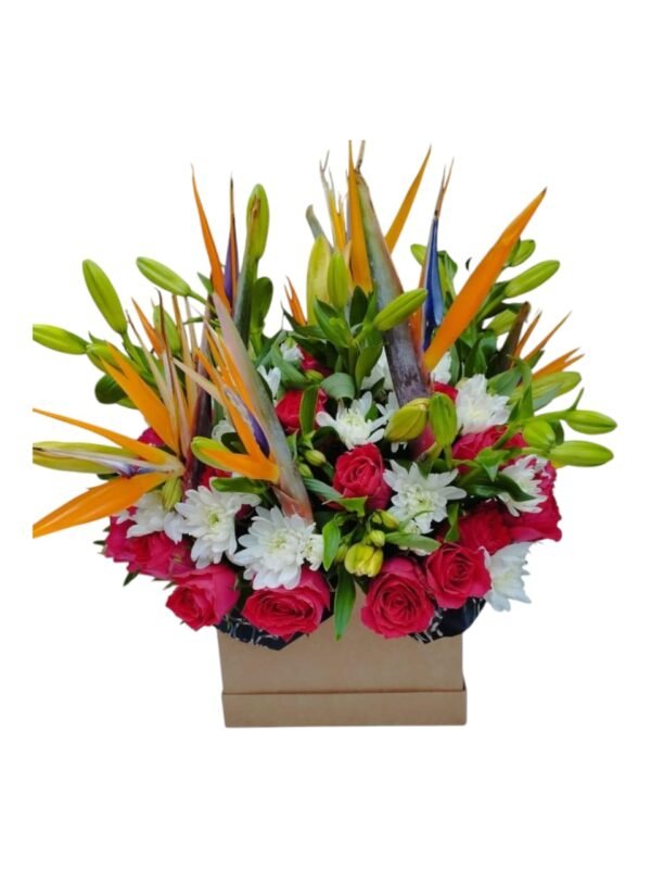 A vibrant and exotic floral arrangement featuring **Birds of Paradise** with striking orange and blue petals, complemented by **pink roses, white chrysanthemums, and fresh lilies**. The mix of colors and textures creates a bold and elegant display, making it a stunning gift or centerpiece.