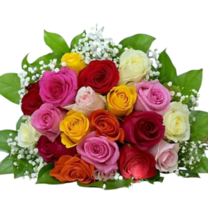 Vibrant mixed rose bouquet featuring red, pink, yellow, orange, and white roses with green leaves and baby’s breath, perfect for any celebration.