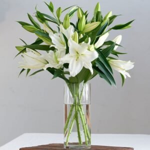 Fresh white lily bouquet arranged in a clear glass vase with green leaves, perfect for elegant gifts and home decoration.