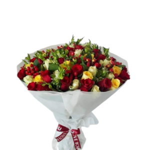 Elegant bouquet of red, yellow, and white roses wrapped in white paper with a decorative ribbon, perfect for romantic and celebratory occasions.