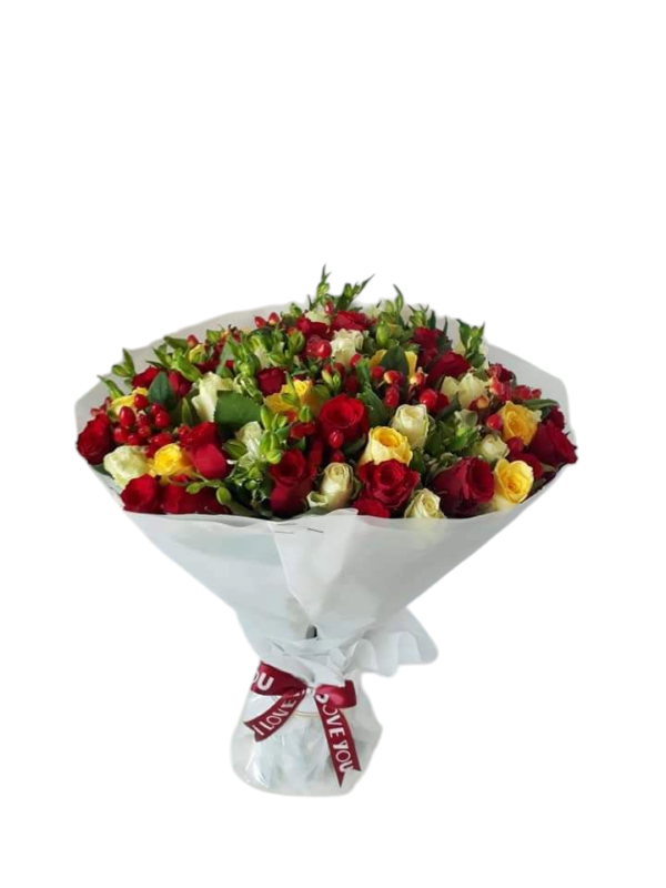 Elegant bouquet of red, yellow, and white roses wrapped in white paper with a decorative ribbon, perfect for romantic and celebratory occasions.