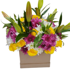 A delightful floral arrangement featuring **yellow roses, purple chrysanthemums, white daisies, and fresh lily buds** in a stylish box. The vibrant mix of colors adds warmth and elegance, making it a perfect gift for any occasion.