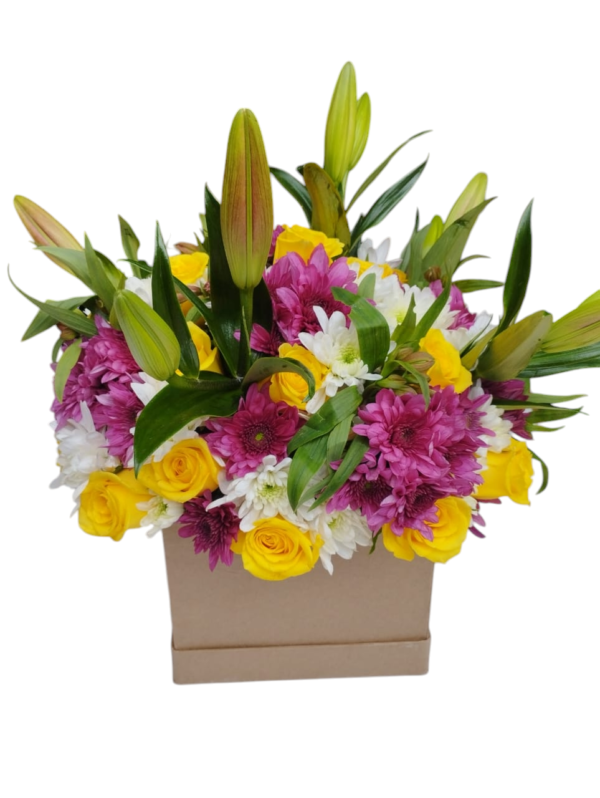 A delightful floral arrangement featuring **yellow roses, purple chrysanthemums, white daisies, and fresh lily buds** in a stylish box. The vibrant mix of colors adds warmth and elegance, making it a perfect gift for any occasion.