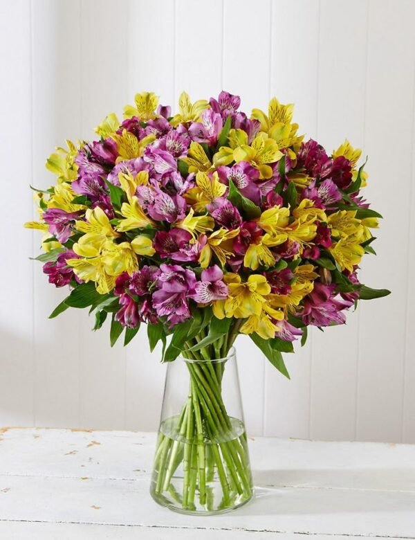 A stunning bouquet of yellow and purple Alstroemeria flowers arranged in a clear glass vase, creating a bright and cheerful display.