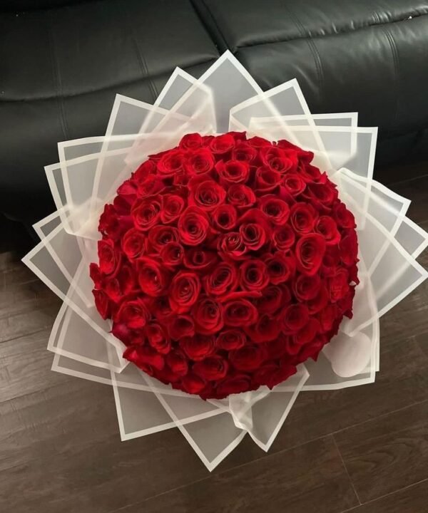 Luxurious bouquet of tightly packed red roses wrapped in elegant white translucent paper.