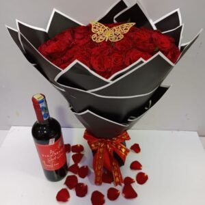 100 Red Roses bouquet and wine